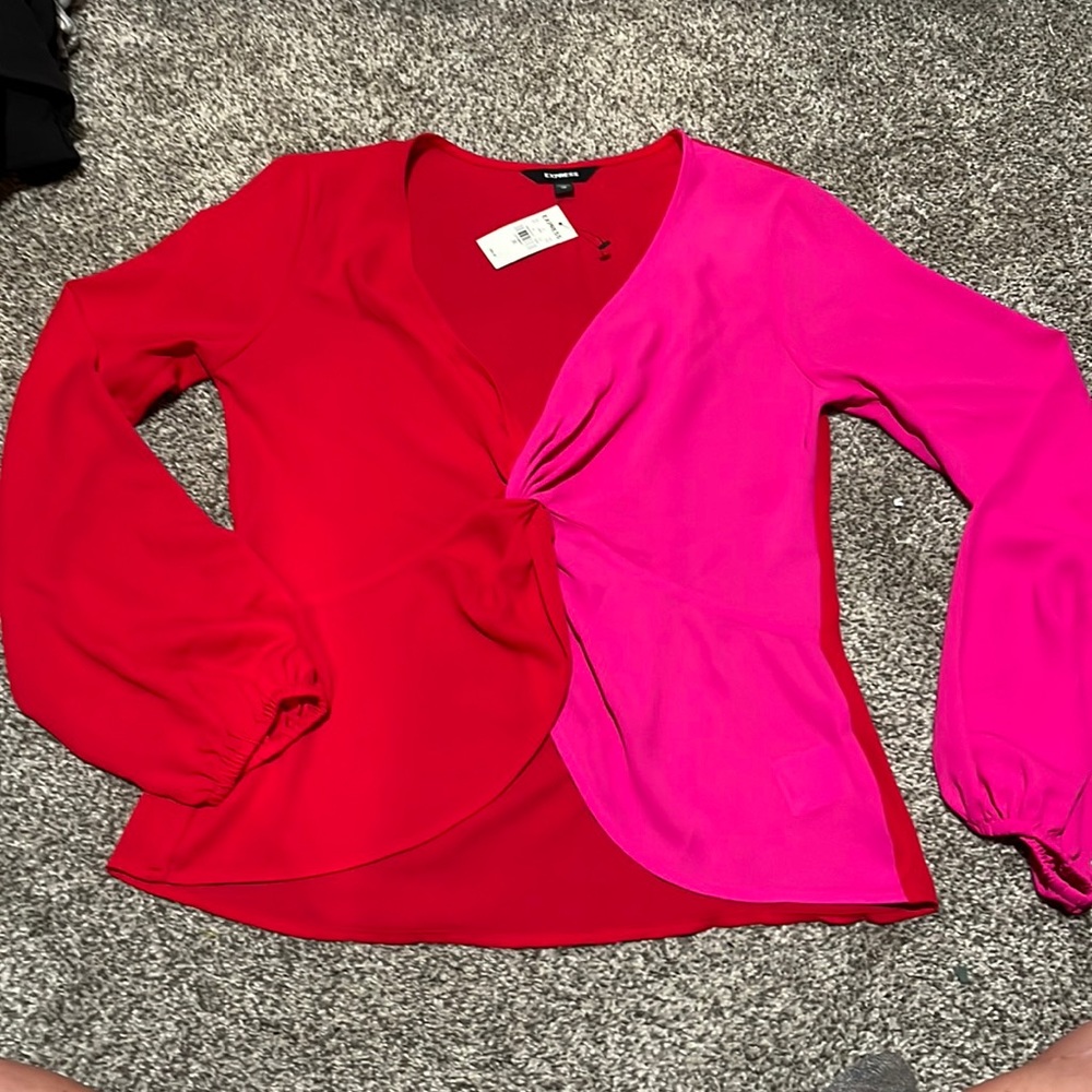 Express long sleeve twist front blouse red/pink xs